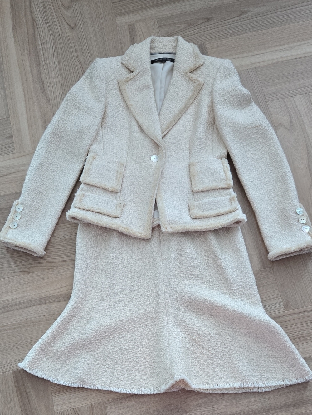 Anne Klein Cream Bouclé Blazer and Skirt Set Size 2